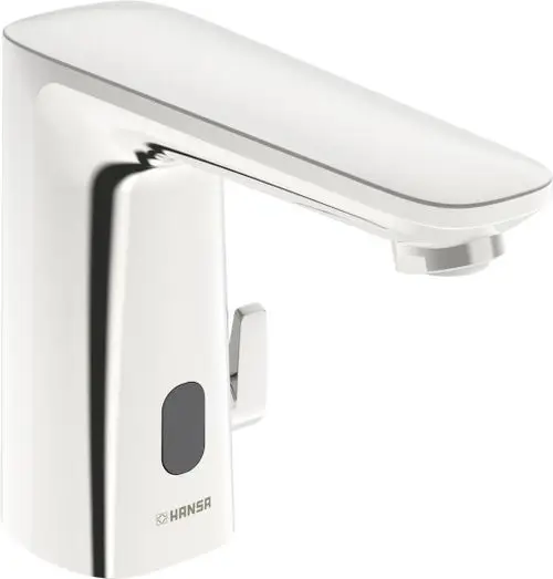 Waschtischarmatur in glänzendem Chromfinish, mit einem klaren, modernen Design. Ausgestattet mit einem Hebelmechanismus zur Steuerung des Wasserflusses. Marke: HANSA.